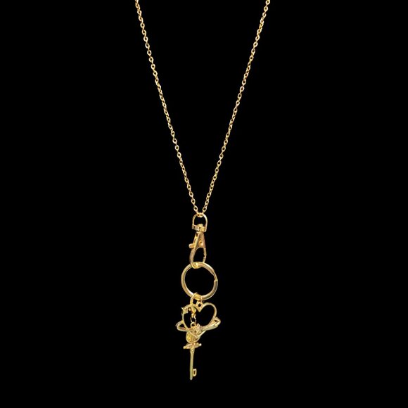 Gold Plated Flat Key Ring with Gold Plated Snap Hook Heart and Key Necklace-NWT - Picture 6 of 10